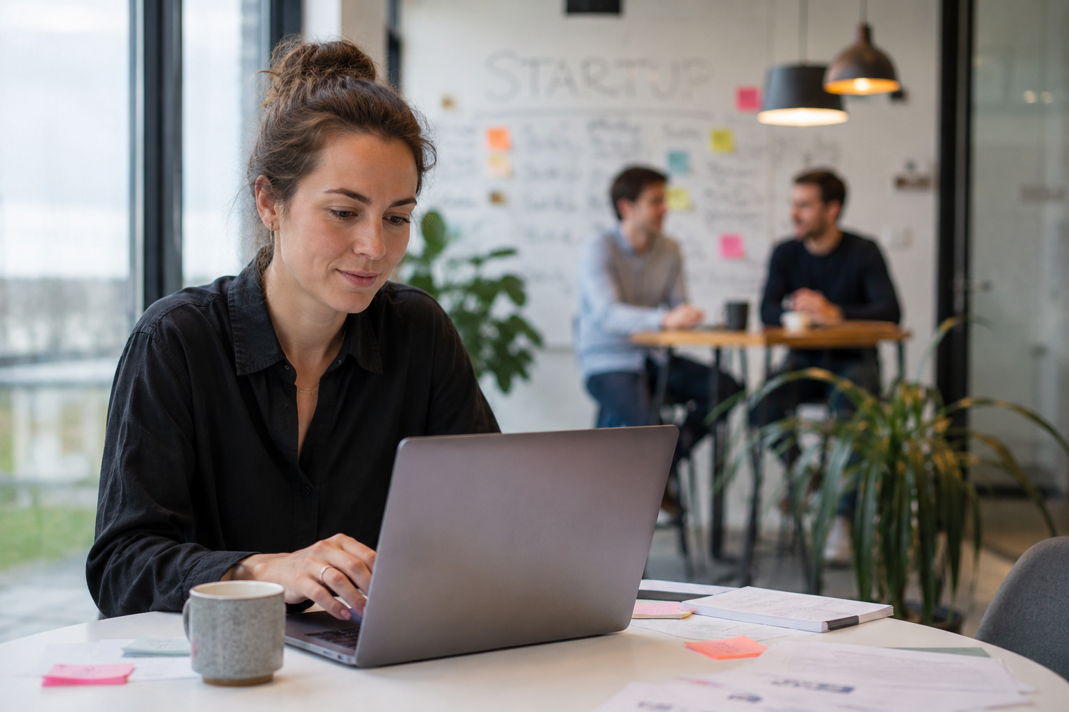 An entrepreneur working on a laptop in a modern office while developing a new business, with colleagues collaborating in the background.